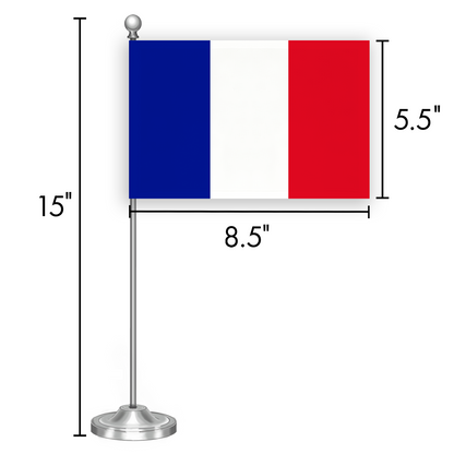 G128 France French Deluxe Desk Flag Set | 8.5x5.5 In | Printed 300D Polyester, with Silver Dome and Base, 15" Metal Pole, Decorations For Office, Home and Festival Events Celebration