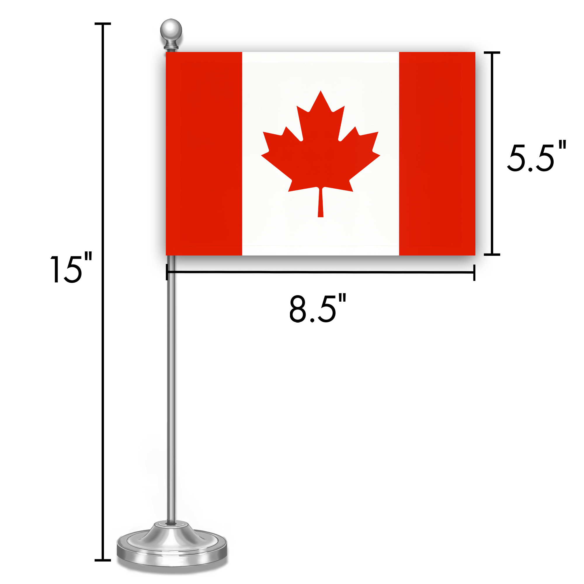 G128 Canada Canadian Deluxe Desk Flag Set | 8.5x5.5 In | Printed 300D Polyester, with Silver Dome and Base, 15" Metal Pole, Decorations For Office, Home and Festival Events Celebration