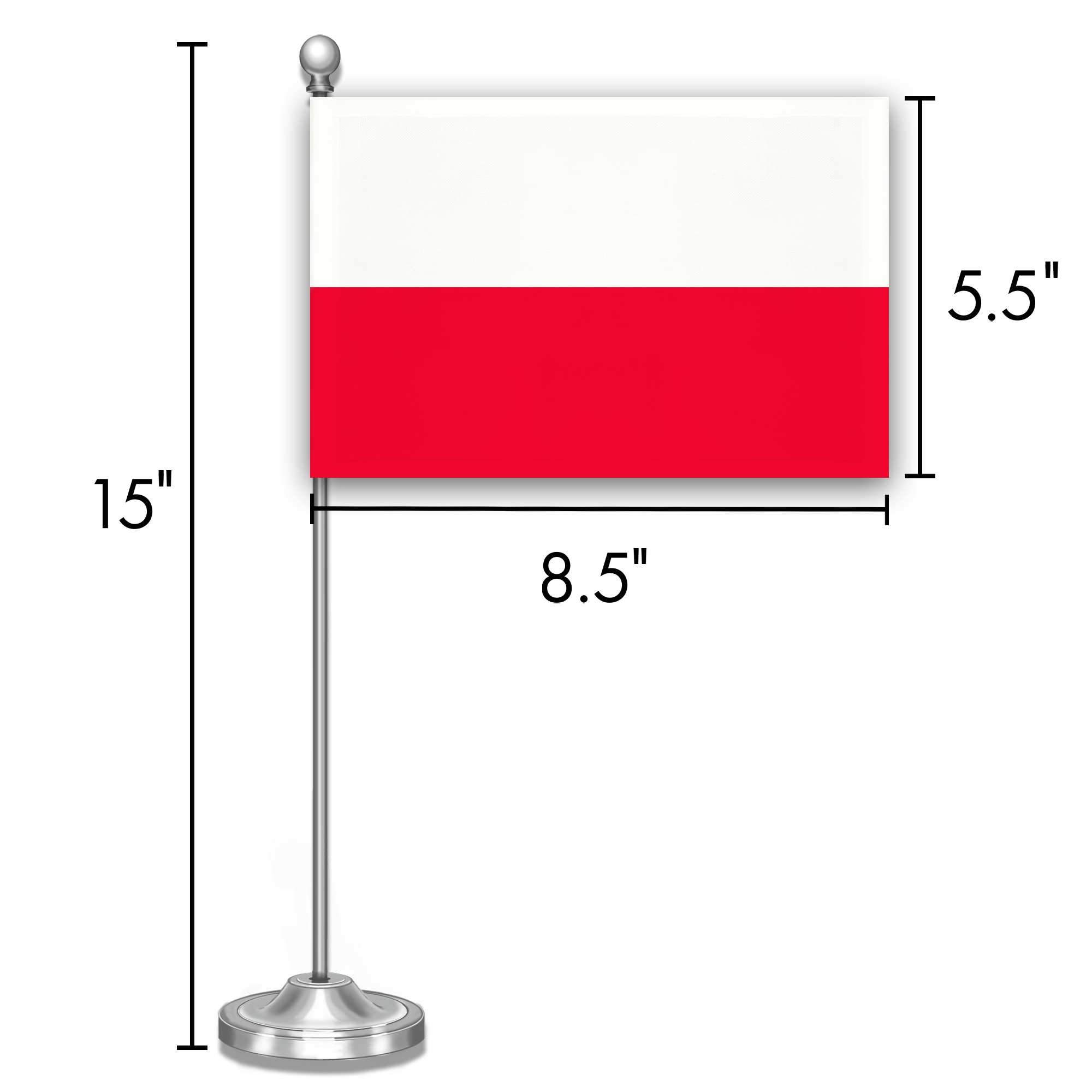 G128 Poland Polish Deluxe Desk Flag Set | 8.5x5.5 In | Printed 300D Polyester, with Silver Dome and Base, 15" Metal Pole, Decorations For Office, Home and Festival Events Celebration