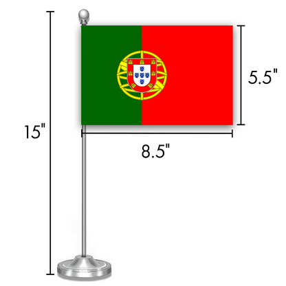 G128 Portugal Portuguese Deluxe Desk Flag Set | 8.5x5.5 In | Printed 300D Polyester, with Silver Dome and Base, 15" Metal Pole, Decorations For Office, Home and Festival Events Celebration
