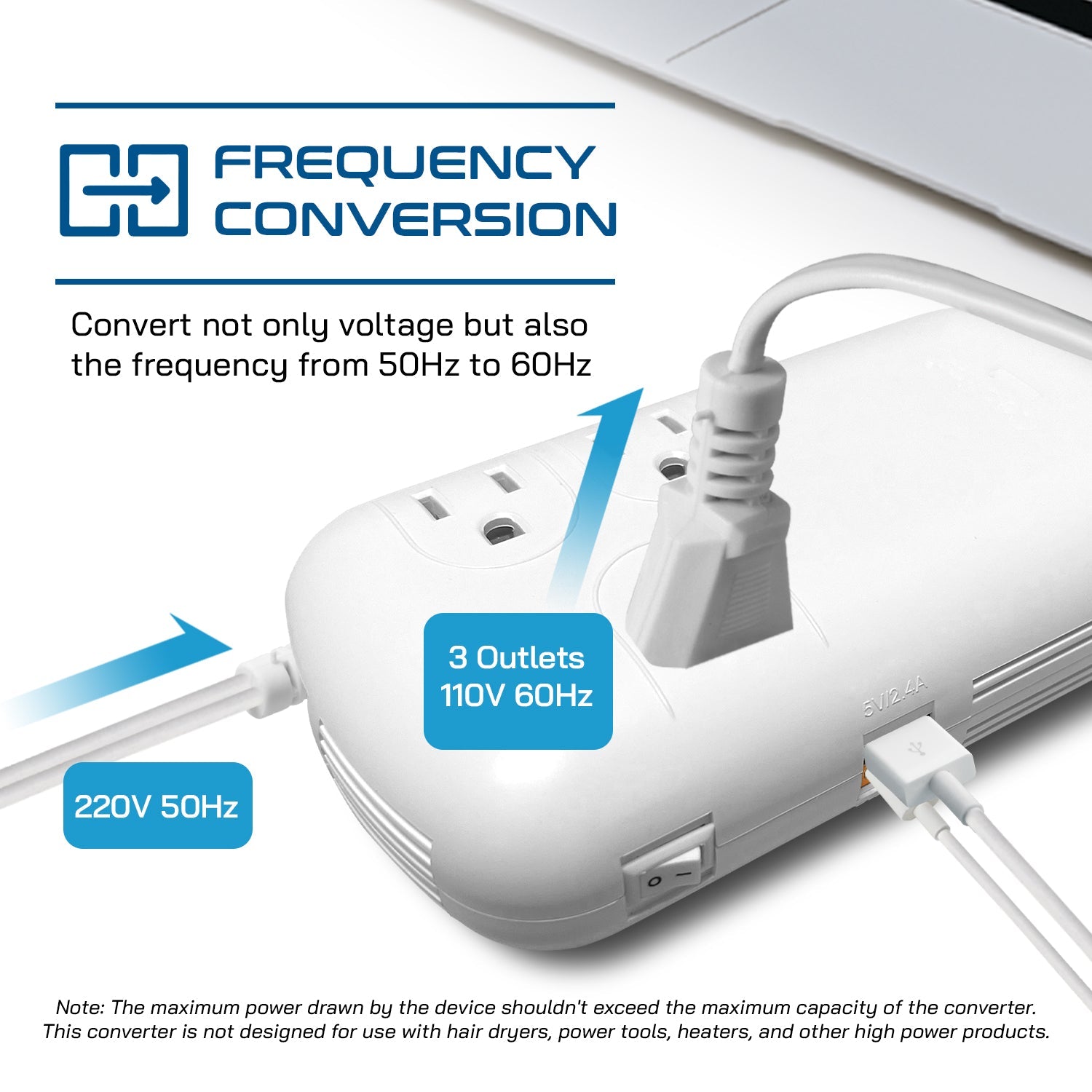 300W Step Down Converter – 3x USA Outlets & 1 USB-A + 1 USB-C PD 18W – AC 220-240V 50Hz to 110-120V 60Hz Travel Voltage & Frequency Converter - (PU-300-WS)