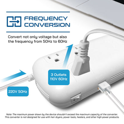 300W Step Down Converter – 3x USA Outlets & 1 USB-A + 1 USB-C PD 18W – AC 220-240V 50Hz to 110-120V 60Hz Travel Voltage & Frequency Converter - (PU-300-WS)