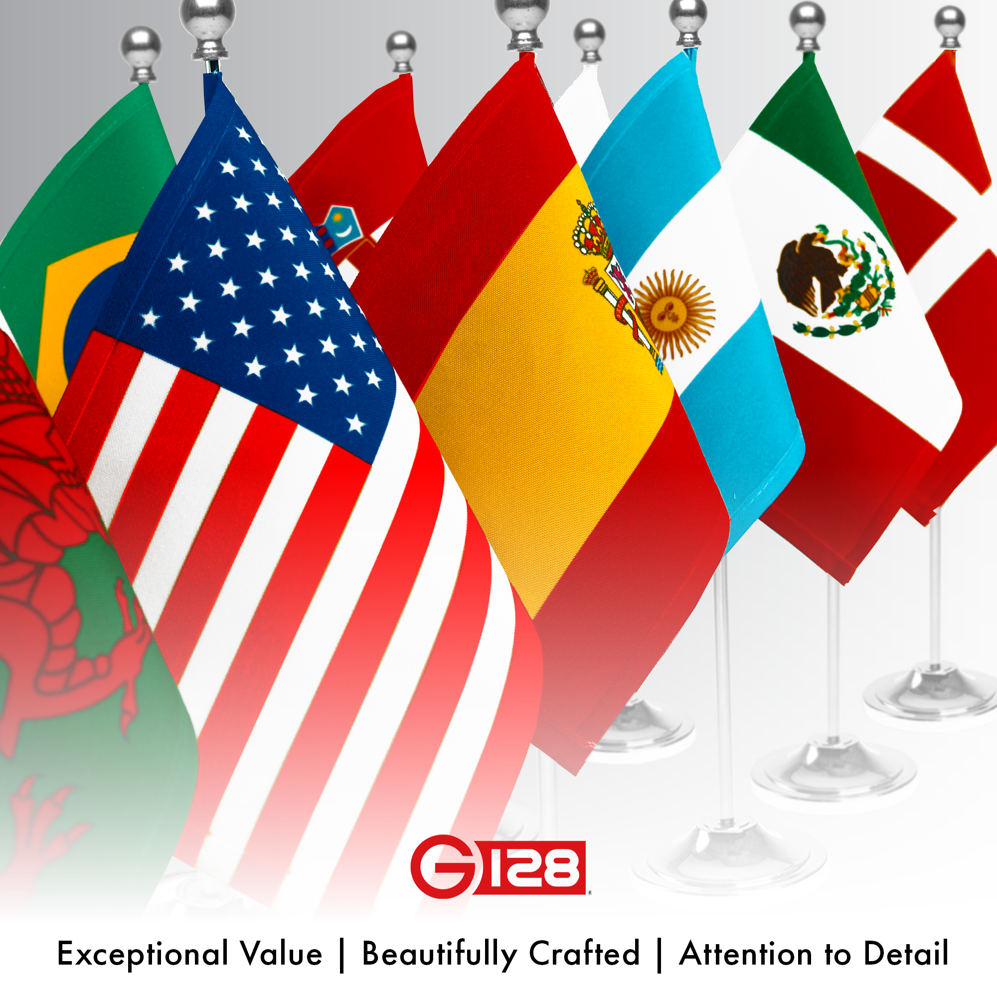 G128 Denmark Danish Deluxe Desk Flag Set | 8.5x5.5 In | Printed 300D Polyester, with Silver Dome and Base, 15" Metal Pole, Decorations For Office, Home and Festival Events Celebration