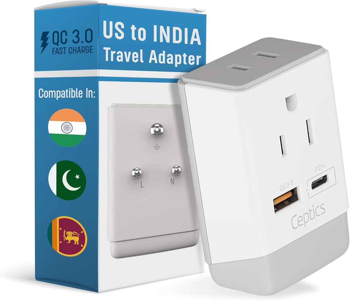 India Travel Adapter | Type D - USB-A & USB-C Ports + 2 USA Outlet (AP-10)