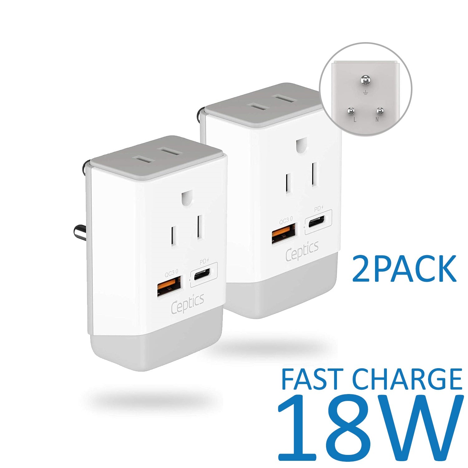 India Travel Adapter | Type D - USB-A & USB-C Ports + 2 USA Outlet (AP-10)