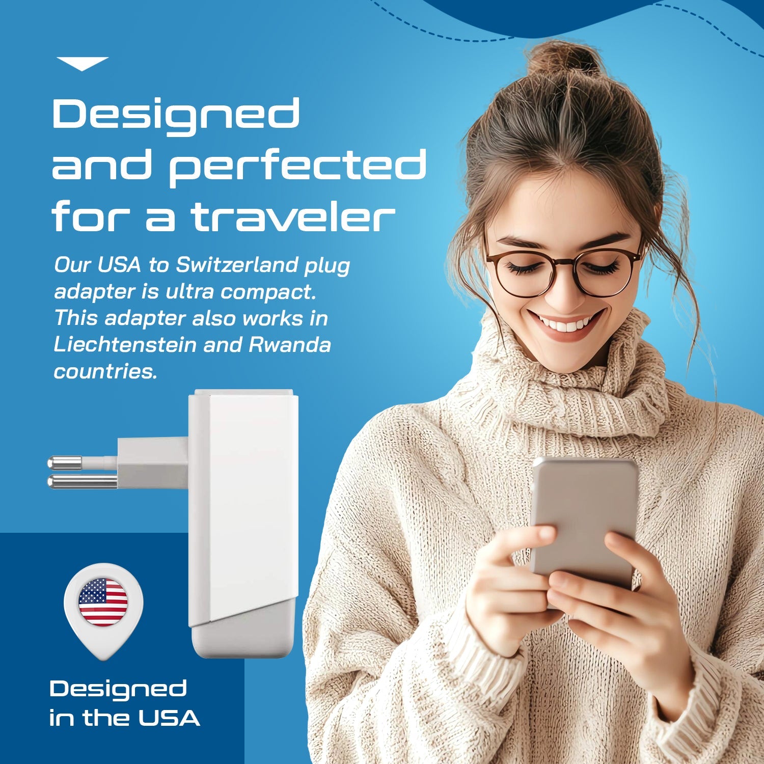 Switzerland Travel Adapter | Type J - USB-A & USB-C Ports + 2 USA Outlet (AP-11A)