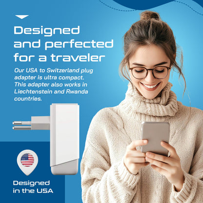 Switzerland Travel Adapter | Type J - USB-A & USB-C Ports + 2 USA Outlet (AP-11A)