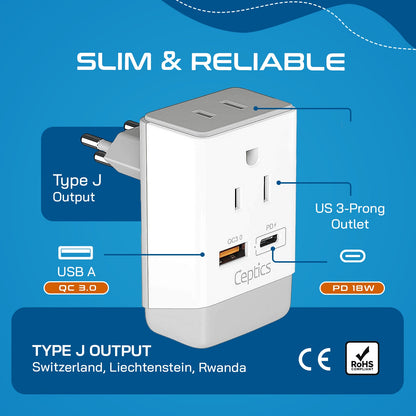 Switzerland Travel Adapter | Type J - USB-A & USB-C Ports + 2 USA Outlet (AP-11A)
