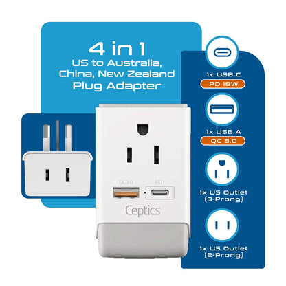 Australia, China Travel Adapter | Type I - USB-A & USB-C Ports + 2 USA Outlet (AP-16)