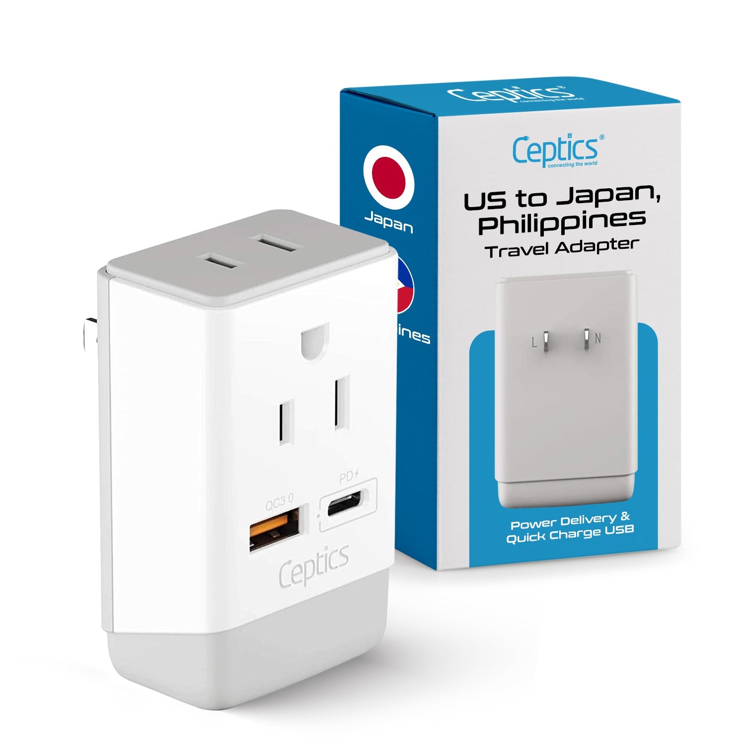 Japan, Philippines Travel Adapter | Type A - USB-A & USB-C Ports + 2 USA Outlet (AP-6)