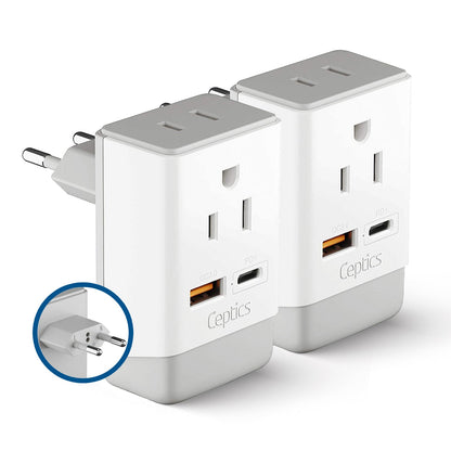 European Travel Adapter | Type C - USB-A & USB-C Ports + 2 USA Outlet (AP-9C)