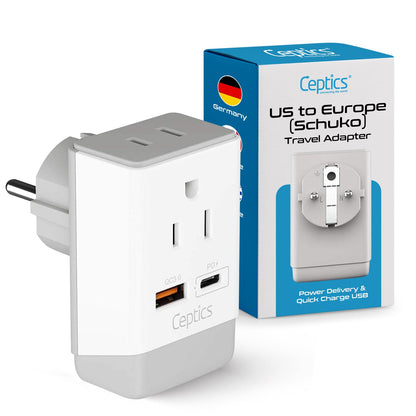 Europe (Schuko) Travel Adapter | Type E/F - USB-A & USB-C Ports + 2 USA Outlet (AP-9)