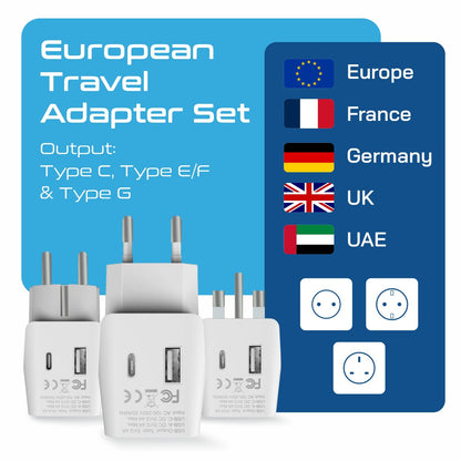 European Travel Adapter Set – Type E/F, G, C - With USB-A + USB-C - 3pcs (CTU-EU-SET)