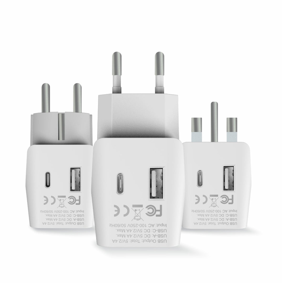 European Travel Adapter Set – Type E/F, G, C - With USB-A + USB-C - 3pcs (CTU-EU-SET)