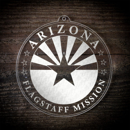 LDS Arizona Flagstaff Mission Christmas Ornament laying on a Wooden Background