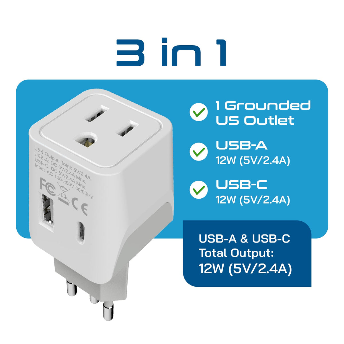 Brazil Travel Adapter Plug Combo - Type C, N | USB-A + USB-C - Brazilian Combo (CTU-9C-11C)