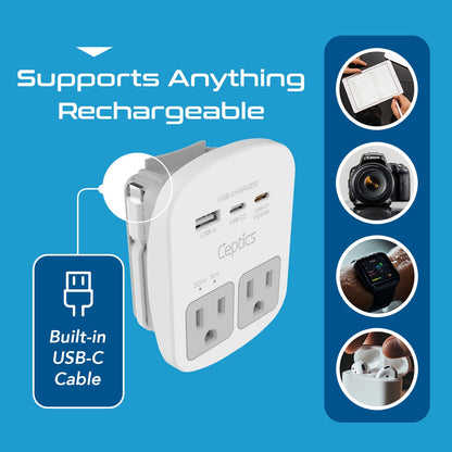 World-Way 13 Travel Adapter Kit | 1 USB-A, 1 USB-C and 1 PD 35W USB-C port and cable + 2 US Outlets - Grounded (WPS-2B+ALL)
