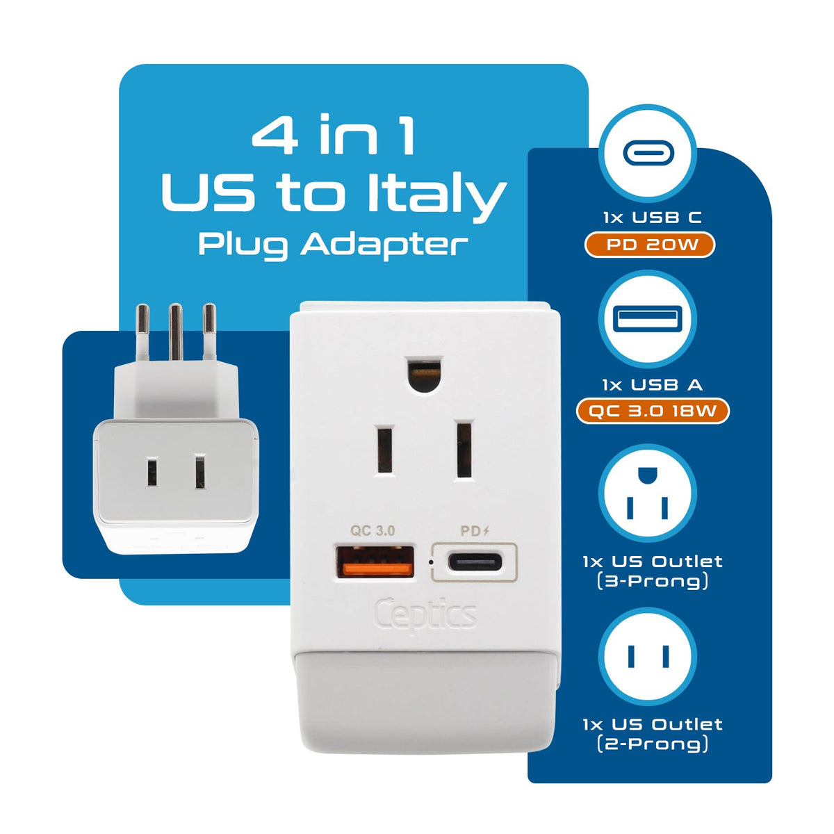 Italy, Chile Travel Adapter | Type L - USB-A & USB-C Ports + 2 USA Outlet (AP-12)