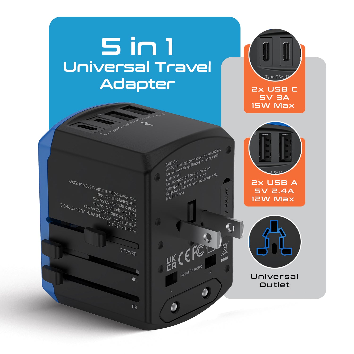 All-In-One International Travel Adapter - 5 in 1 - 2 USB-A & 2 USB-C - Max. 17.5W (3.5A) (UP-15KU-BL)