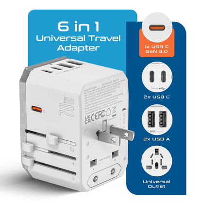 70W 6 in 1 International Travel Plug Adapter - 2 USB-C + 1 GaN 3.0 USB-C & 2 USB ports - Max. 60W (12A) - White (UP-70KU-WH)