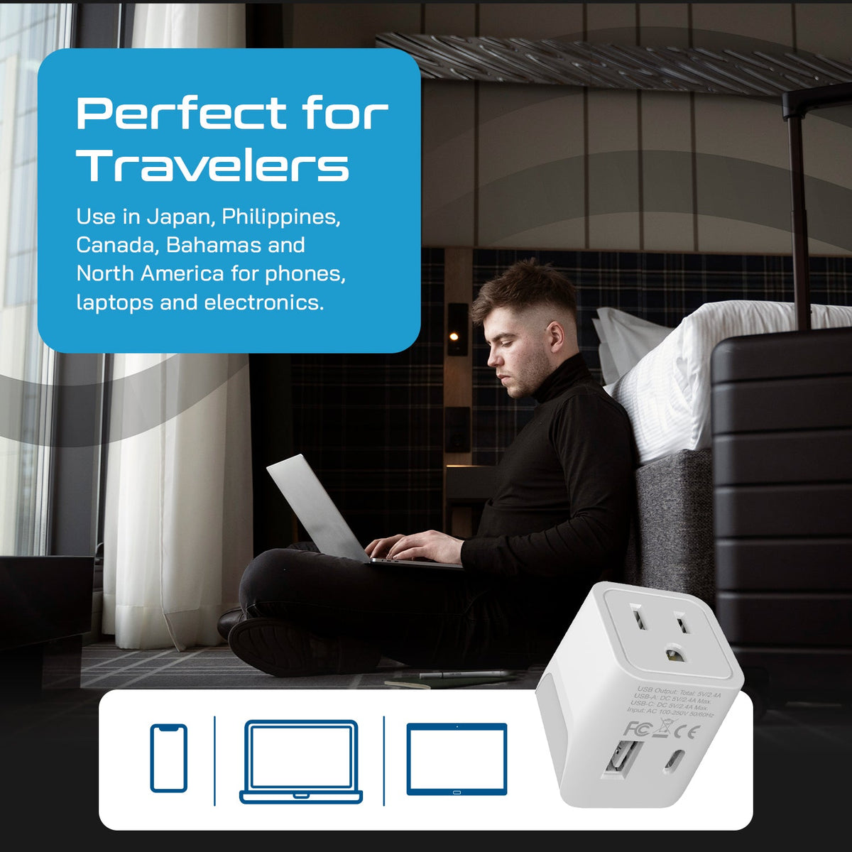 Japan, Philippines Travel Adapter - Type A - USB-A + USB-C (CTU-6)