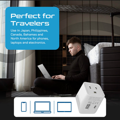 Japan, Philippines Travel Adapter - Type A - USB-A + USB-C (CTU-6)