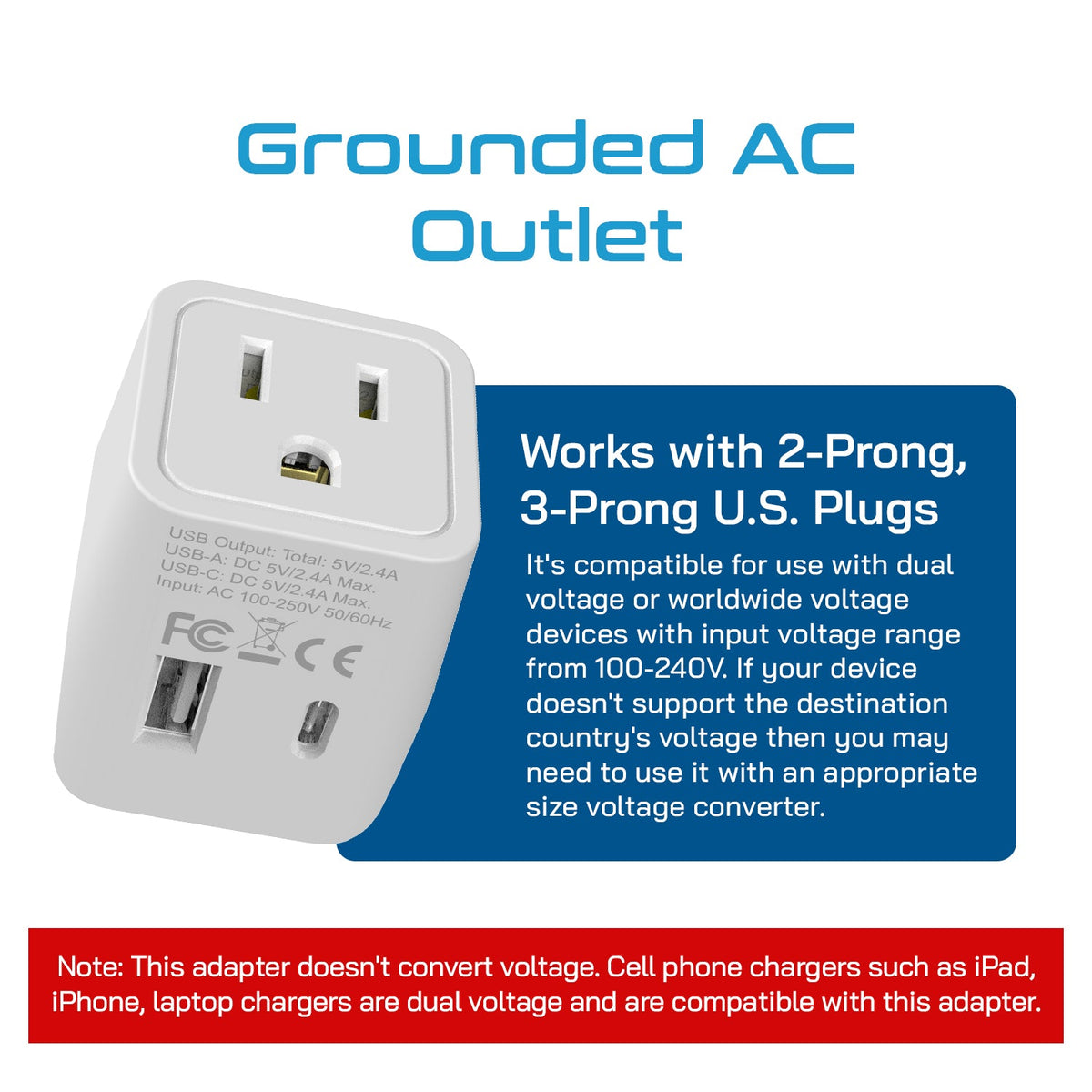 Japan, Philippines Travel Adapter - Type A - USB-A + USB-C (CTU-6)