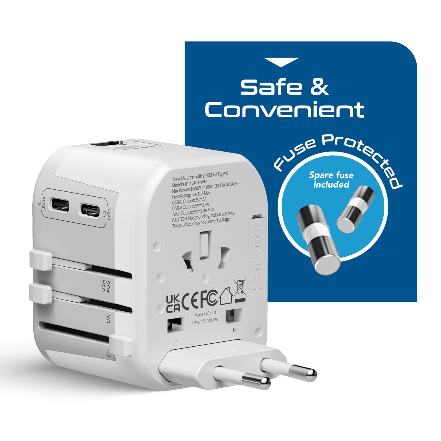 5 in 1 Universal Travel Adapter - 2 USB-A + USB-C - Max. 17W (3.4A) - White (UP-16KU-WH)