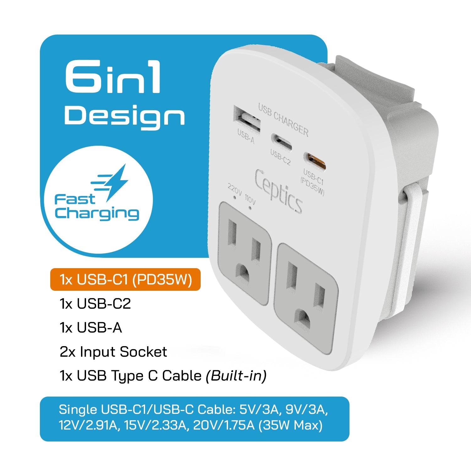 World-Way 13 Travel Adapter Kit | 1 USB-A, 1 USB-C and 1 PD 35W USB-C port and cable + 2 US Outlets - Grounded (WPS-2B+ALL)
