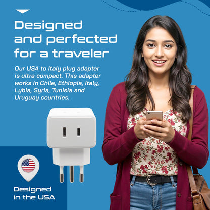 Italy, Chile Travel Adapter | Type L - USB-A & USB-C Ports + 2 USA Outlet (AP-12)