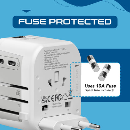 5 in 1 Universal Travel Adapter - 2 USB-A + USB-C - Max. 17W (3.4A) - White (UP-16KU-WH)