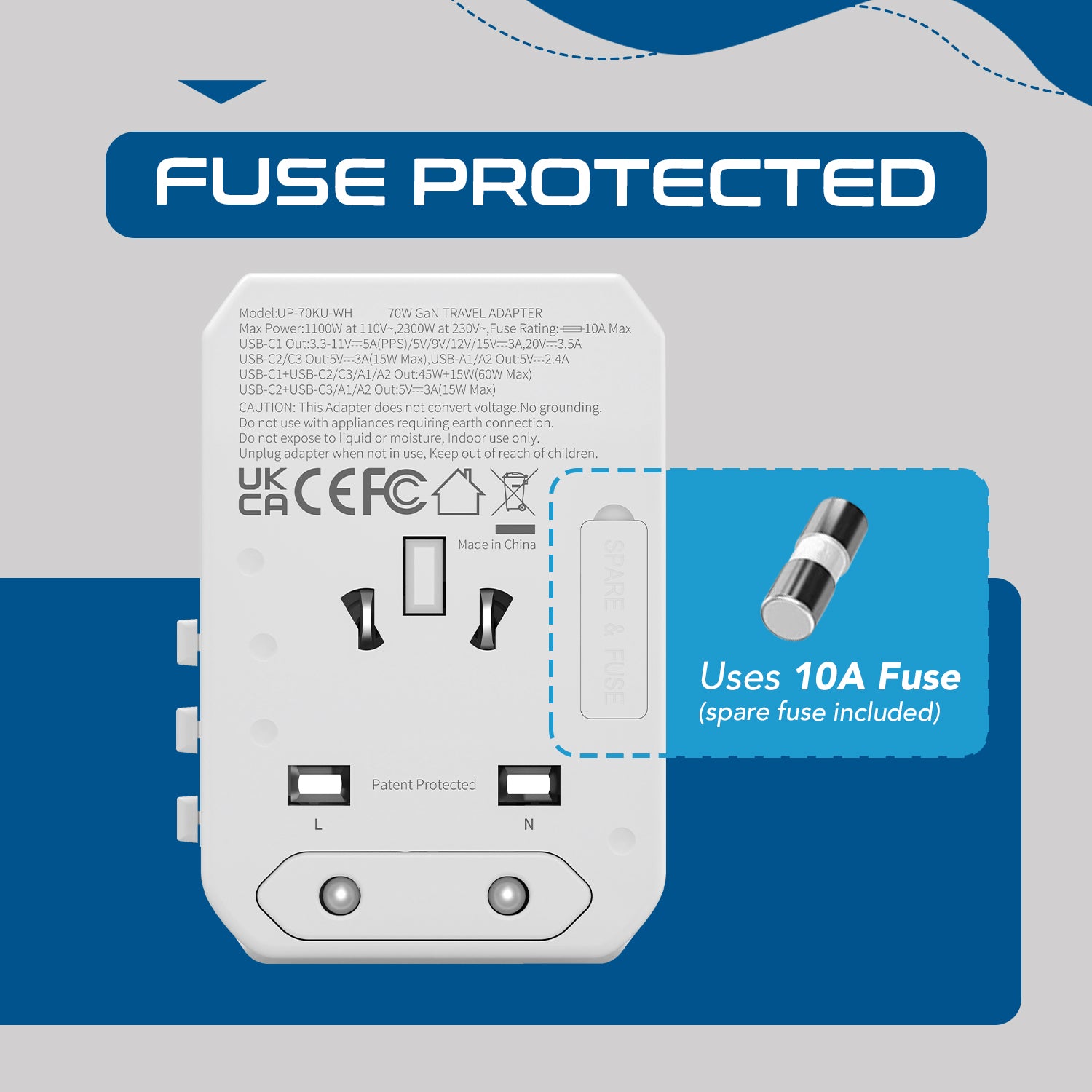 70W 6 in 1 International Travel Plug Adapter - 2 USB-C + 1 GaN 3.0 USB-C & 2 USB ports - Max. 60W (12A) - White (UP-70KU-WH)