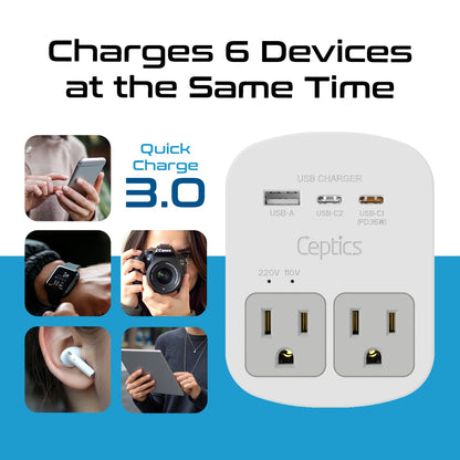 World-Way 13 Travel Adapter Kit | 1 USB-A, 1 USB-C and 1 PD 35W USB-C port and cable + 2 US Outlets - Grounded (WPS-2B+ALL)