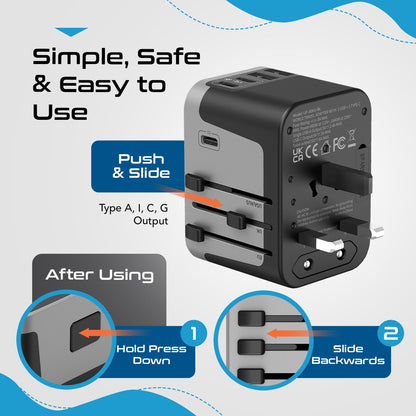 30W 6 in 1 Universal Travel Adapter - 2 USB-A + 3 USB-C - Max. 30W (6A) (UP-30KU-BL)