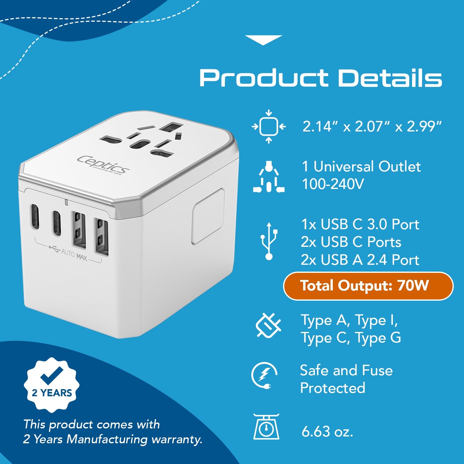 70W 6 in 1 International Travel Plug Adapter - 2 USB-C + 1 GaN 3.0 USB-C & 2 USB ports - Max. 60W (12A) - White (UP-70KU-WH)