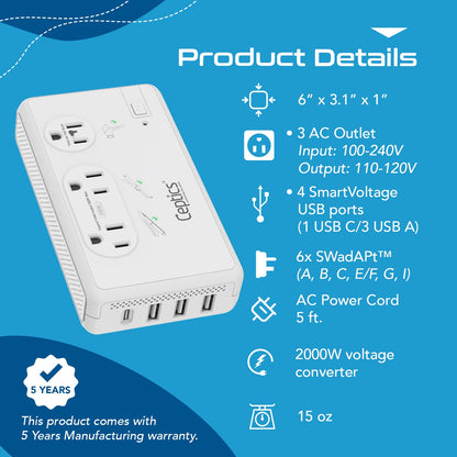 200W/2000W Step Down Converter – 2x 200W, 1x 2000W outlets & 3x USB-A + 1x USB-C – AC 220-240V to 110V-120V Travel Voltage Converter - (LX-C2000)