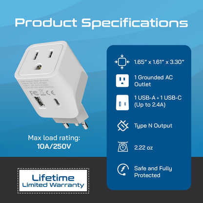 Brazil Travel Adapter Plug Combo - Type C, N | USB-A + USB-C - Brazilian Combo (CTU-9C-11C)