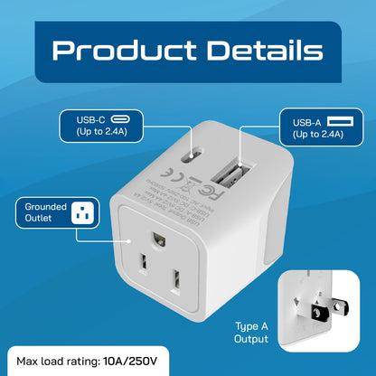 Japan, Philippines Travel Adapter - Type A - USB-A + USB-C (CTU-6)