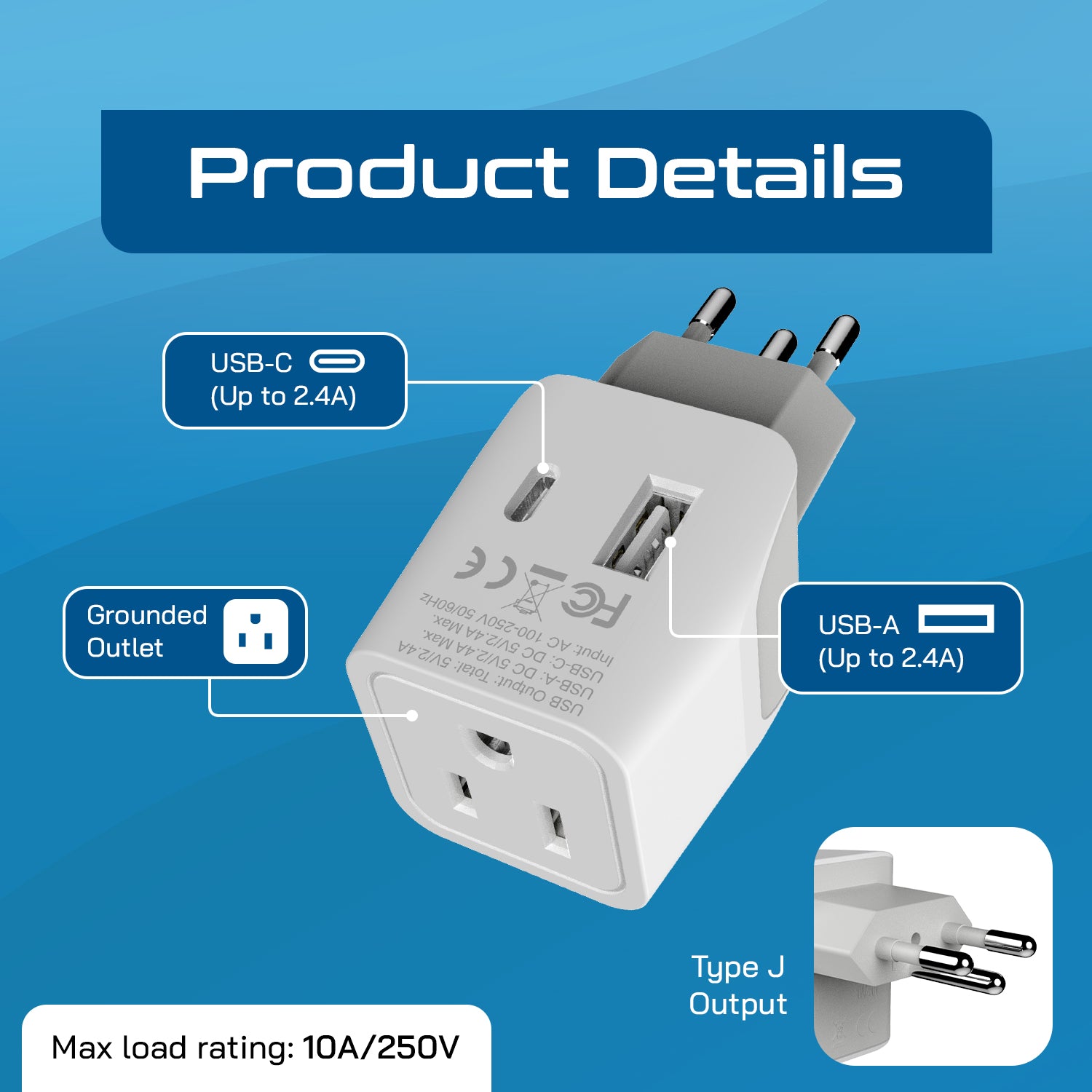 Switzerland Travel Adapter Plug Combo - Type J, C | USB-A + USB-C – Swiss Combo (CTU-9C-11A)