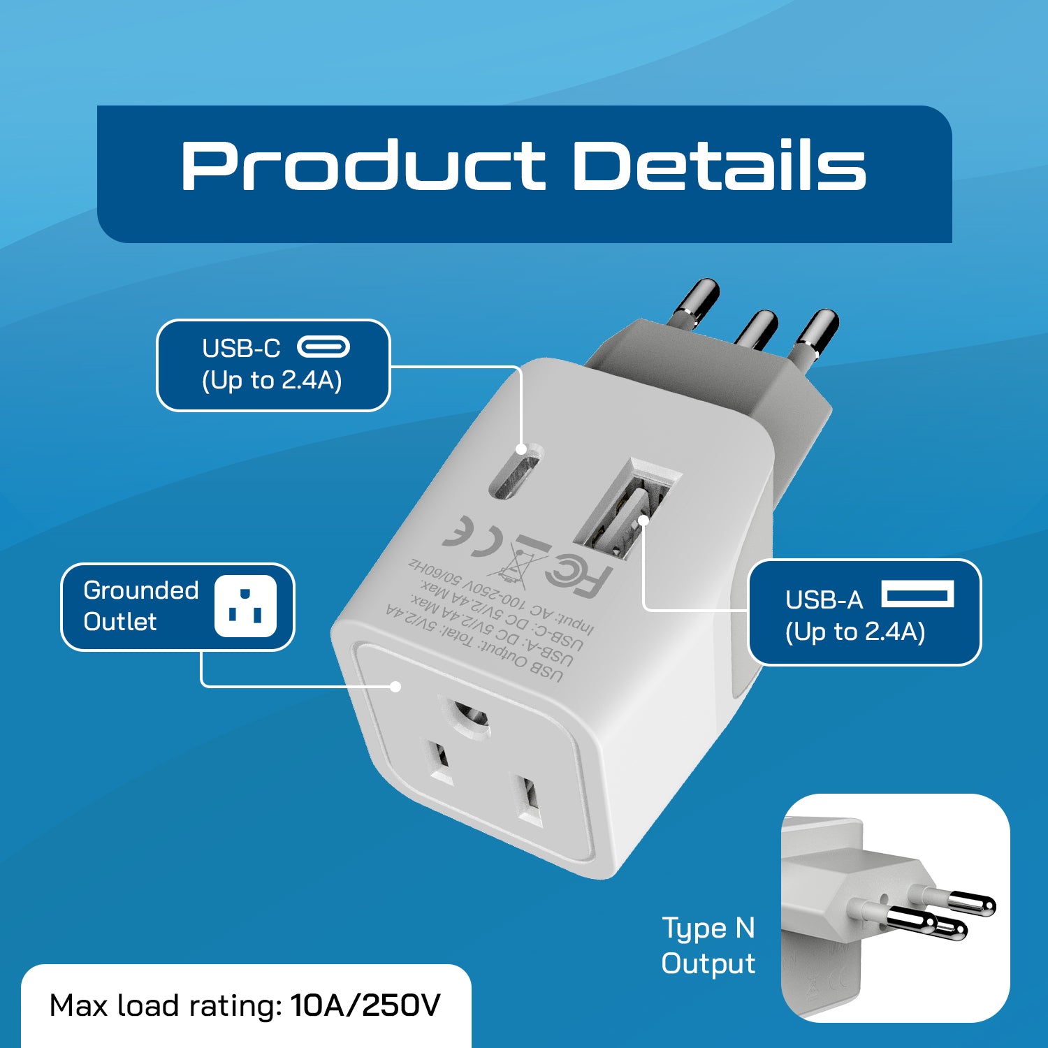 Brazil Travel Adapter Plug Combo - Type C, N | USB-A + USB-C - Brazilian Combo (CTU-9C-11C)