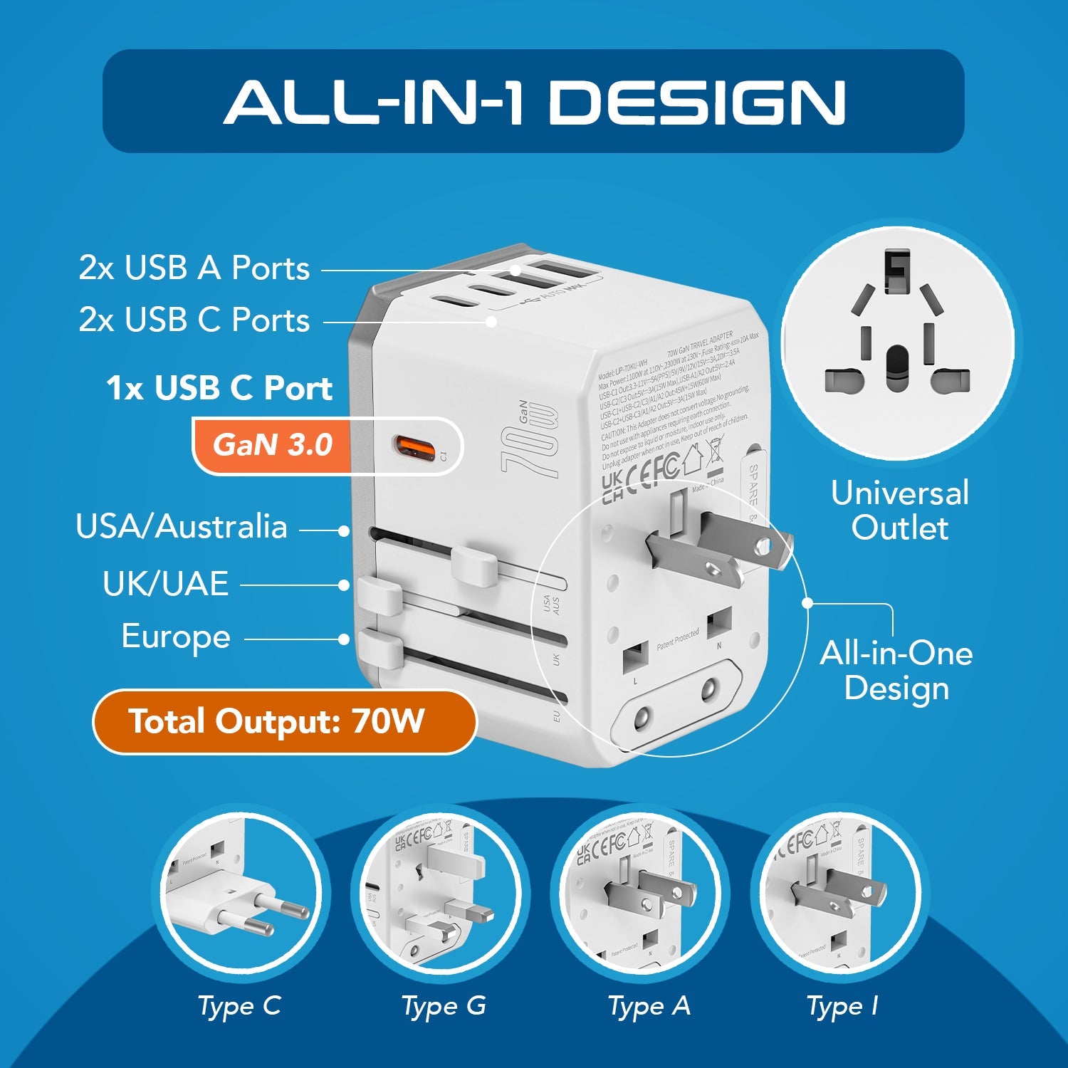 70W 6 in 1 International Travel Plug Adapter - 2 USB-C + 1 GaN 3.0 USB-C & 2 USB ports - Max. 60W (12A) - White (UP-70KU-WH)