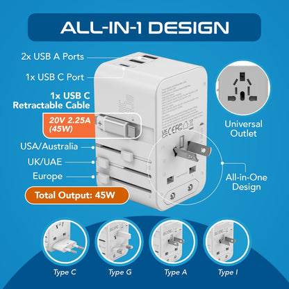 45W 5 in 1 Universal Travel Adapter - 2 USB-A + 1 retractable USB-C cable (PD 45W), & 1 USB-C - Max. 45W (9A) - White (UP-45WC-WH)