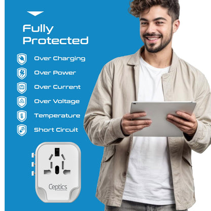 5 in 1 Universal Travel Adapter - 2 USB-A + USB-C - Max. 17W (3.4A) - White (UP-16KU-WH)