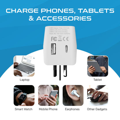 Australia, China Travel Adapter - Type I - USB A + USB C (CTU-16)