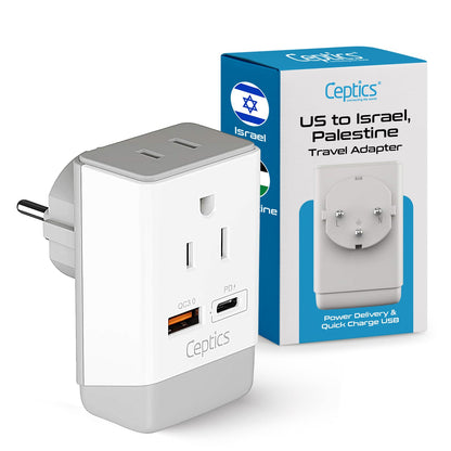 Israel, Palestine Travel Adapter | Type H - USB-A & USB-C Ports + 2 USA Outlet (AP-14)