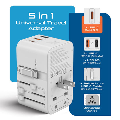70W Universal Travel Adapter - 2 USB-C + 1 GaN 3.0 retractable cable, USB-C & 1 USB-C - (UP-70WC-WH)