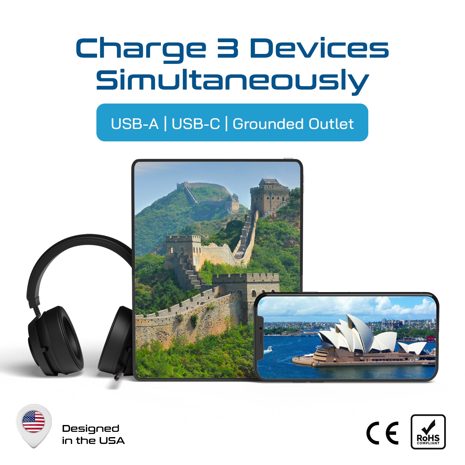 Australia, China Travel Adapter - Type I - USB A + USB C (CTU-16)