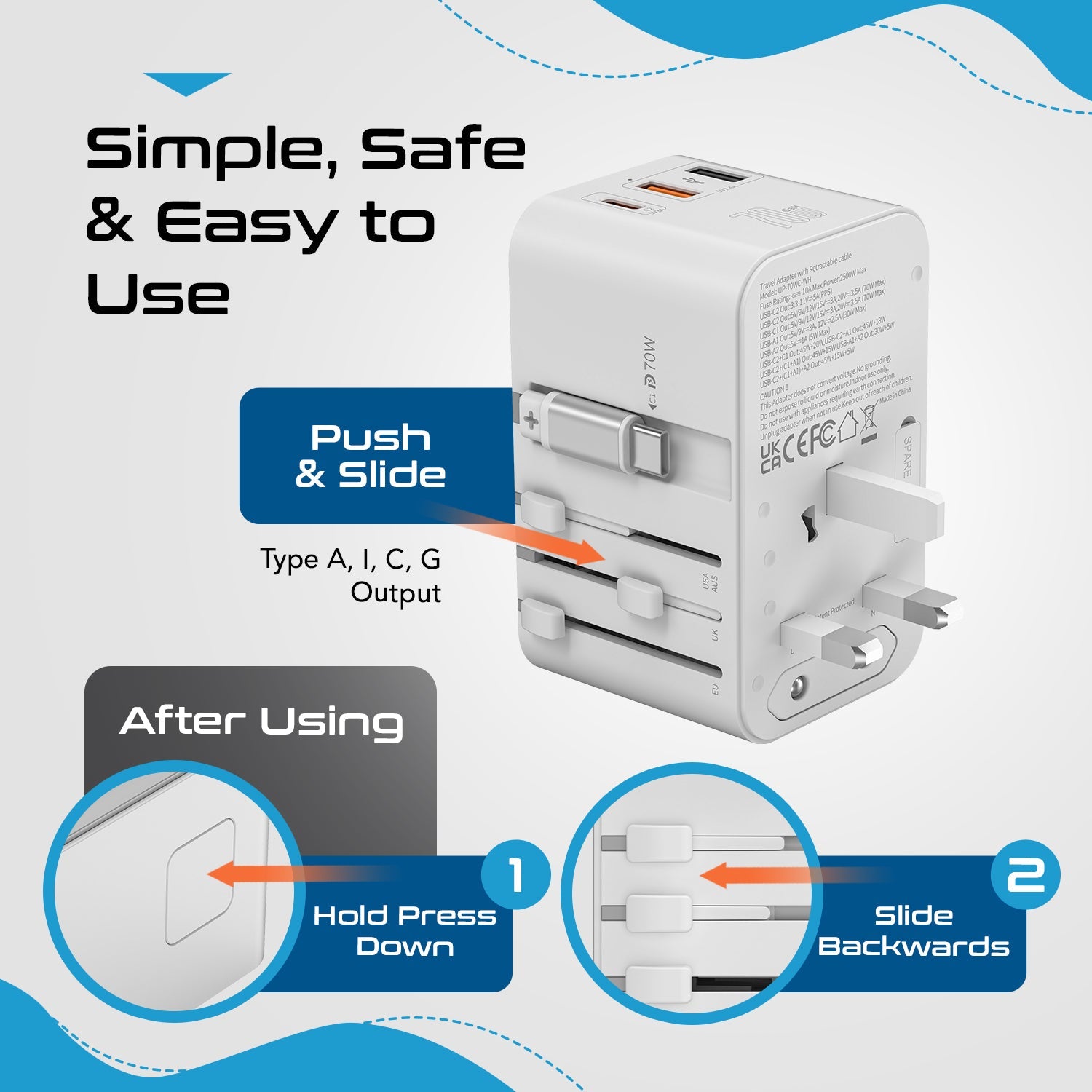 70W Universal Travel Adapter - 2 USB-C + 1 GaN 3.0 retractable cable, USB-C & 1 USB-C - (UP-70WC-WH)