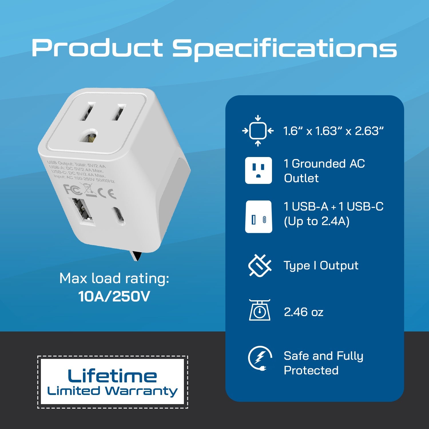 Australia, China Travel Adapter - Type I - USB A + USB C (CTU-16)
