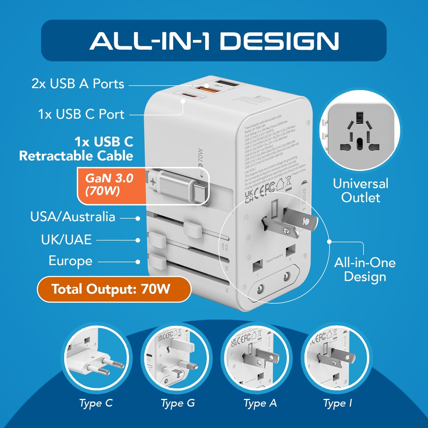 70W Universal Travel Adapter - 2 USB-C + 1 GaN 3.0 retractable cable, USB-C & 1 USB-C - (UP-70WC-WH)